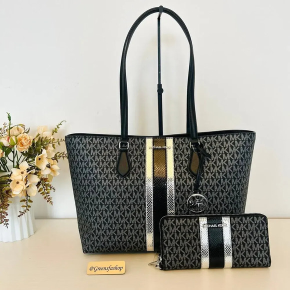 Michael Kors Purse & Wallet Sheila Large Signature & Metallic Tote Bag Black - Picture 1 of 12